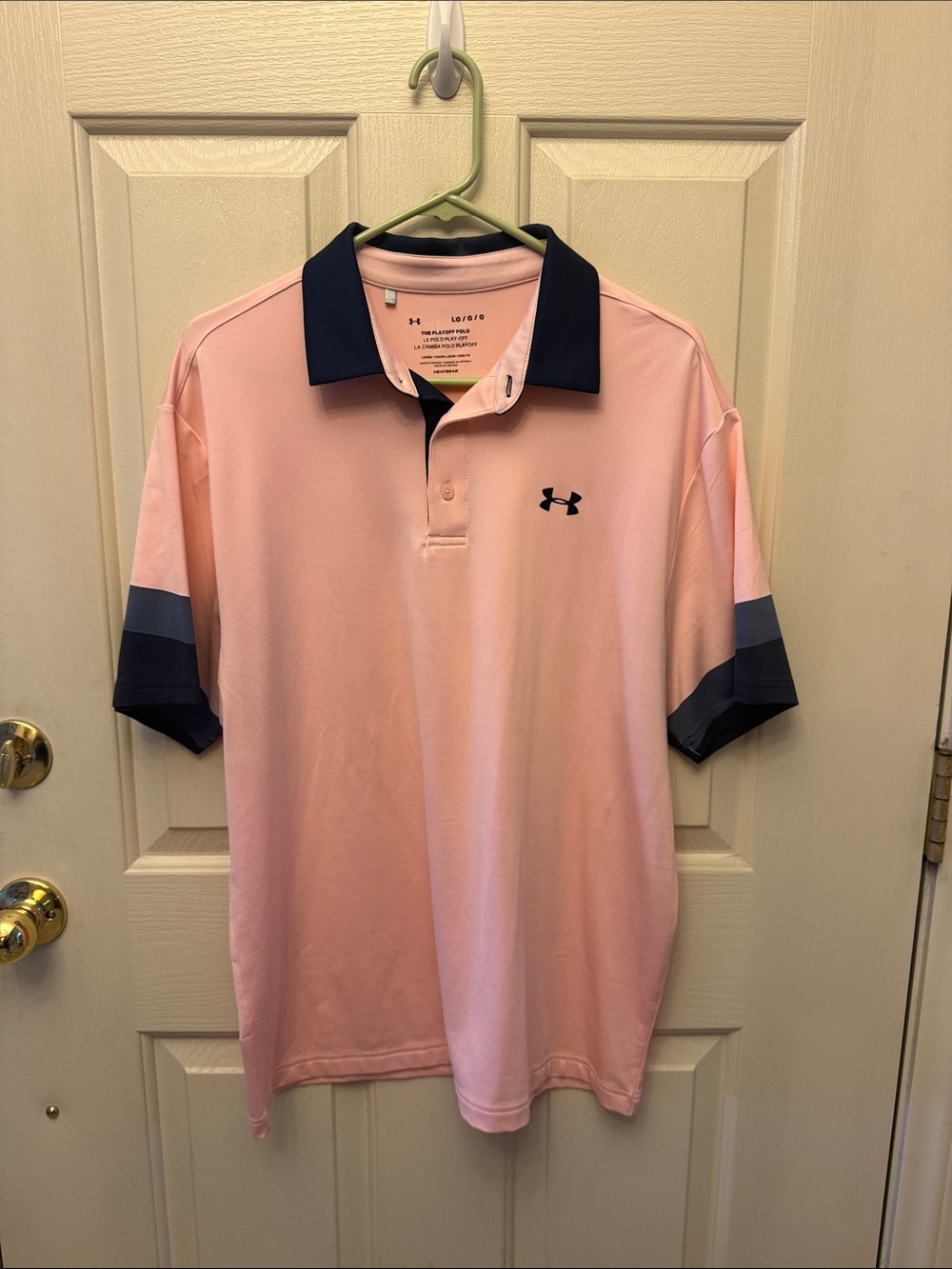 Under Armour Pink Polo with Navy Collar and Sleeve Bands